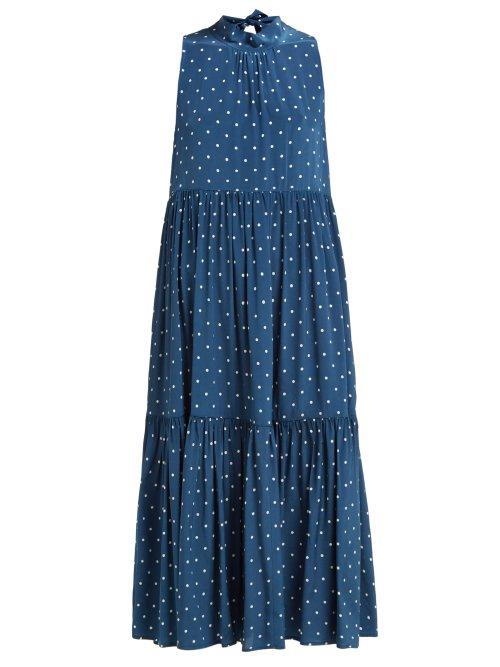 Matchesfashion.com Asceno - Polka Dot Tiered Silk Crepe Midi Dress - Womens - Navy