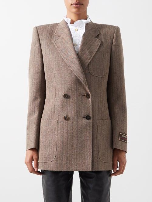 Gucci - Double-breasted Herringbone Wool-blend Blazer - Womens - Brown
