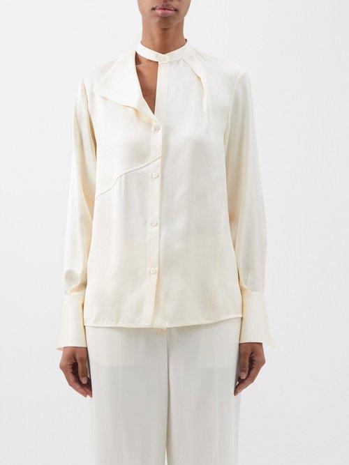 Jil Sander - Asymmetric Drape-lapel Silk-satin Blouse - Womens - Ivory