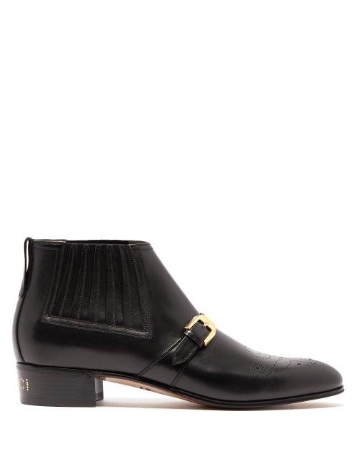 Matchesfashion.com Gucci - Buckled Perforated Leather Boots - Mens - Black