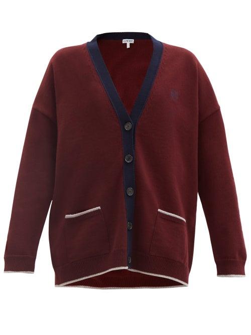 Matchesfashion.com Loewe - Anagram-embroidered Wool Cardigan - Womens - Burgundy Navy