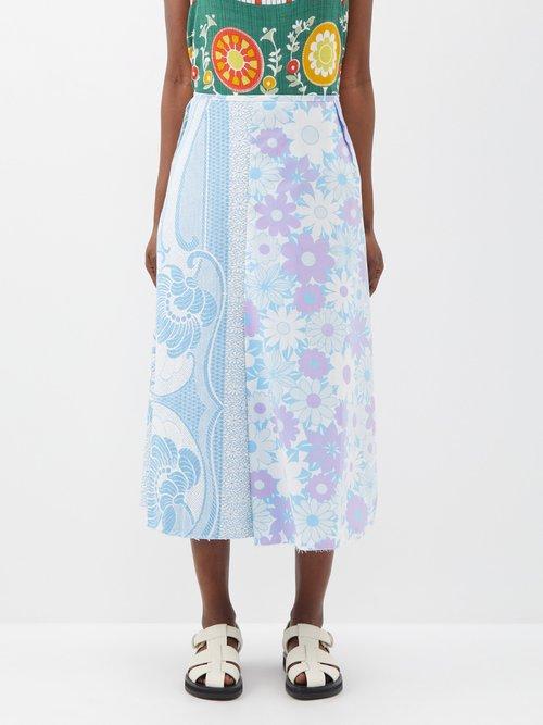Renata Brenha - Tropicalia Upcycled Printed Cotton Midi Skirt - Womens - Blue Multi