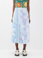 Renata Brenha - Tropicalia Upcycled Printed Cotton Midi Skirt - Womens - Blue Multi