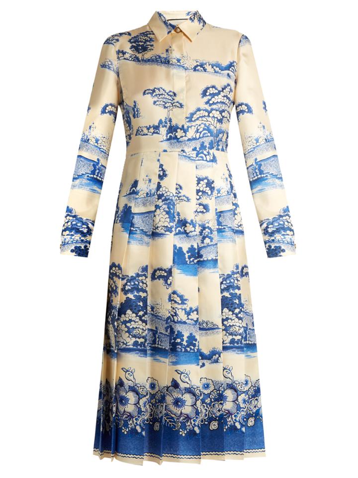 Gucci Porcelain Garden-print Silk Midi Dress