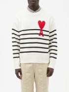 Ami - Ami De Caur-logo Striped Organic-cotton Sweater - Mens - White Multi