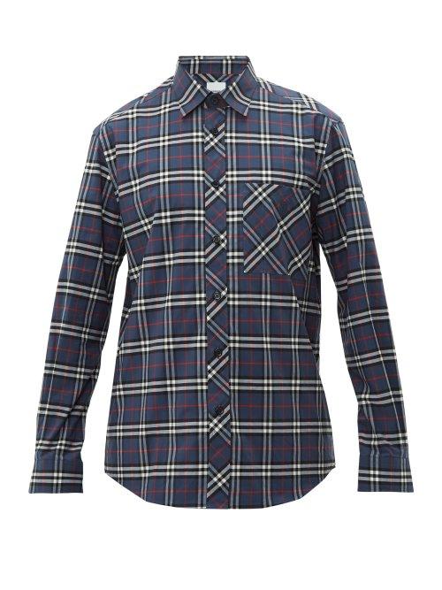 Matchesfashion.com Burberry - Monogram Embroidered Checked Cotton Blend Shirt - Mens - Blue