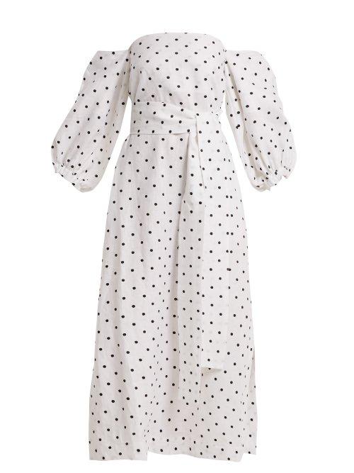 Matchesfashion.com Lisa Marie Fernandez - Rosie Off The Shoulder Polka Dot Linen Dress - Womens - White Black