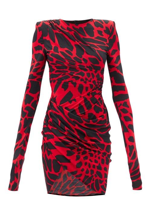 Matchesfashion.com Alexandre Vauthier - Giraffe-print Ruched Jersey Mini Dress - Womens - Red Print