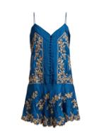 Matchesfashion.com Juliet Dunn - Floral Embroidered Silk Satin Mini Dress - Womens - Blue Gold