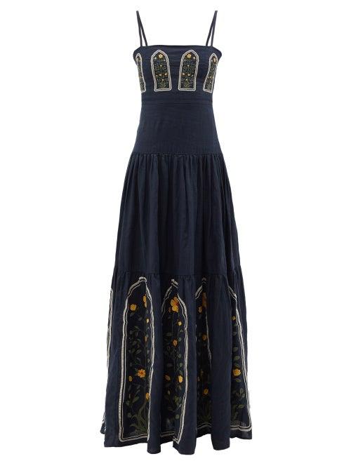 Agua By Agua Bendita - Lima Margarita-embroidered Linen Maxi Dress - Womens - Navy