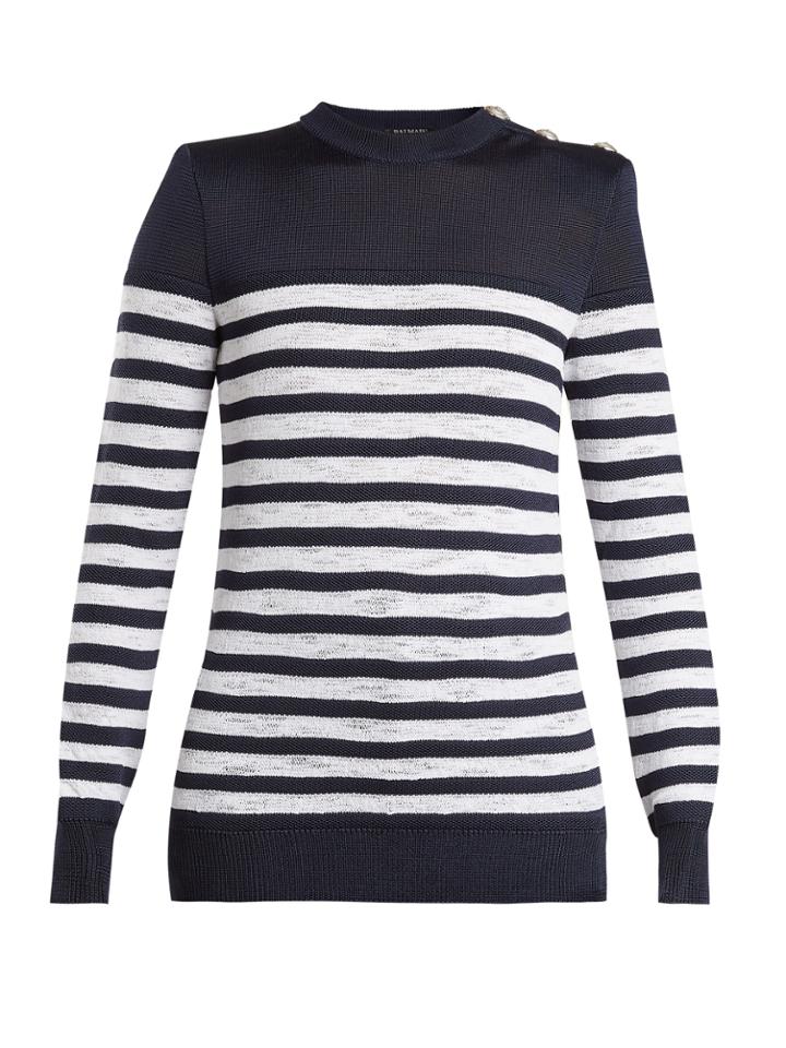 Balmain Button-shoulder Crew-neck Striped Sweater