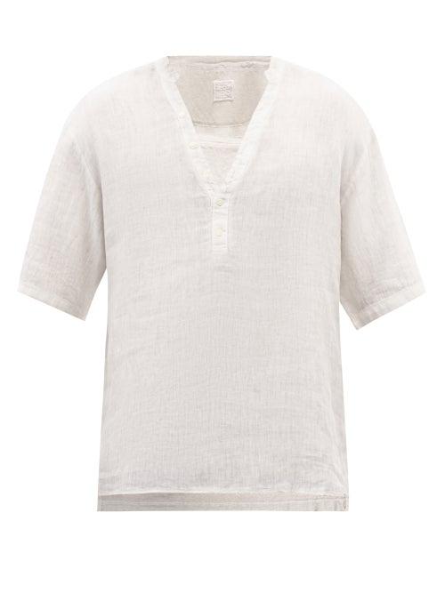 120 Lino 120% Lino - Half-button Linen Short-sleeved Shirt - Mens - Cream