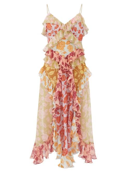 Matchesfashion.com Zimmermann - Ruffled Rose-print Chiffon Midi Dress - Womens - Pink Multi