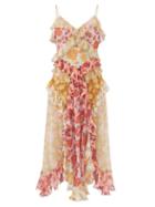 Matchesfashion.com Zimmermann - Ruffled Rose-print Chiffon Midi Dress - Womens - Pink Multi