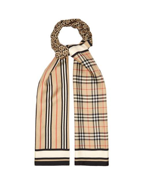 Matchesfashion.com Burberry - Check, Monogram And Icon Striped Silk Faille Scarf - Womens - Brown