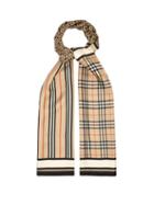 Matchesfashion.com Burberry - Check, Monogram And Icon Striped Silk Faille Scarf - Womens - Brown