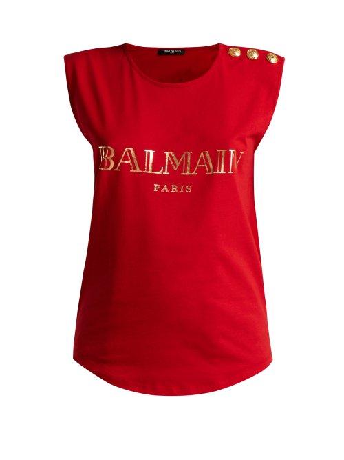 Matchesfashion.com Balmain - Logo Print Cotton Jersey Tank Top - Womens - Red
