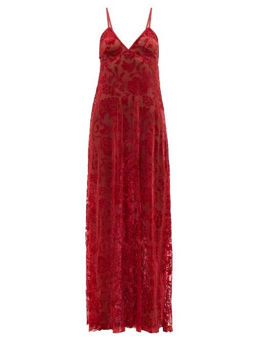 Norma Kamali - Eloise Floral-devor And Mesh Dress - Womens - Burgundy