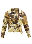 Matchesfashion.com Versace - Baroque And Animal-print Tie-waist Silk Blouse - Womens - Yellow Multi