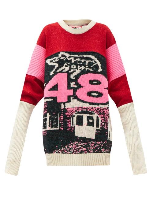 Matchesfashion.com Matty Bovan - Oversized Logo-jacquard Deadstock Sweater - Womens - Pink Multi