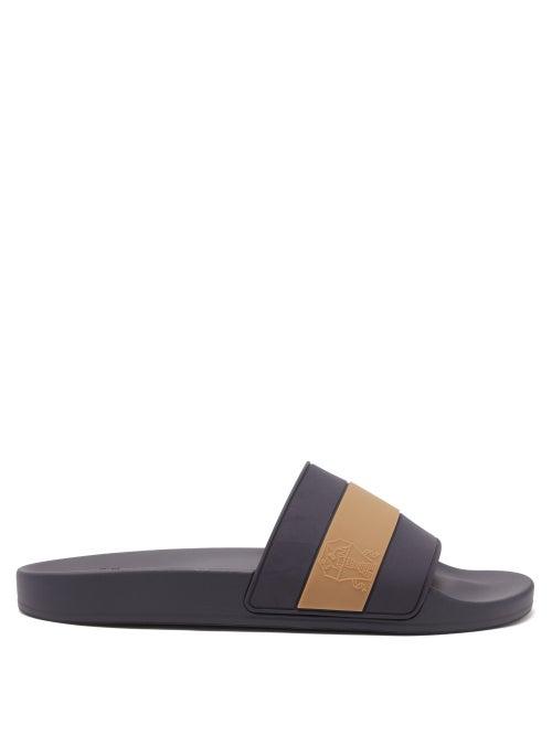 Matchesfashion.com Brunello Cucinelli - Logo-embossed Striped Rubber Slides - Mens - Blue