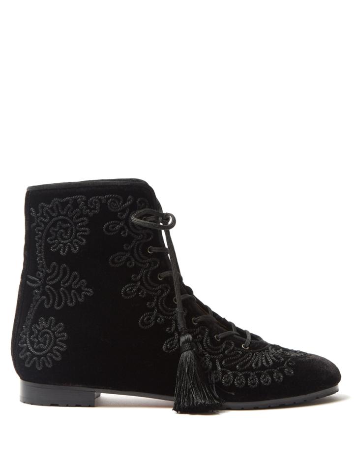 Aquazzura Almaty Embroidered Velvet Ankle Boots