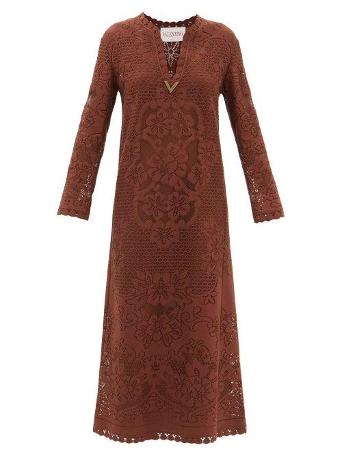 Valentino - Logo-plaque Lace-knit Cotton-blend Dress - Womens - Brown