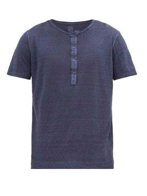 Matchesfashion.com 120% Lino - Slubbed-linen Jersey Henley T-shirt - Mens - Navy
