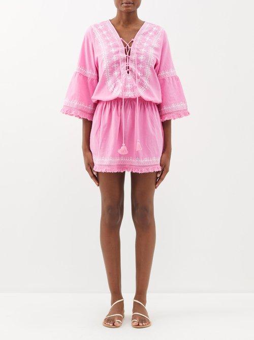Melissa Odabash - Martina Drawstring-front Cotton-blend Mini Dress - Womens - Pink White