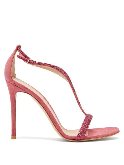 Ladies Shoes Gianvito Rossi - Crystal-embellished 105 Suede Sandals - Womens - Pink