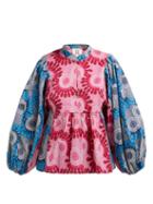 Matchesfashion.com Figue - Nora Bi Colour Geometric Print Cotton Blouse - Womens - Pink Multi