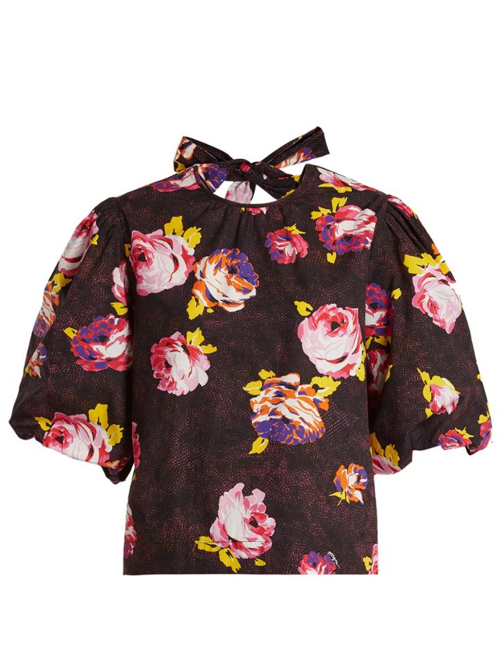 Msgm Neck-tie Printed Cotton-poplin Top