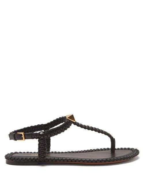 Ladies Shoes Valentino Garavani - Roman Stud Flat Macram-leather Sandals - Womens - Black