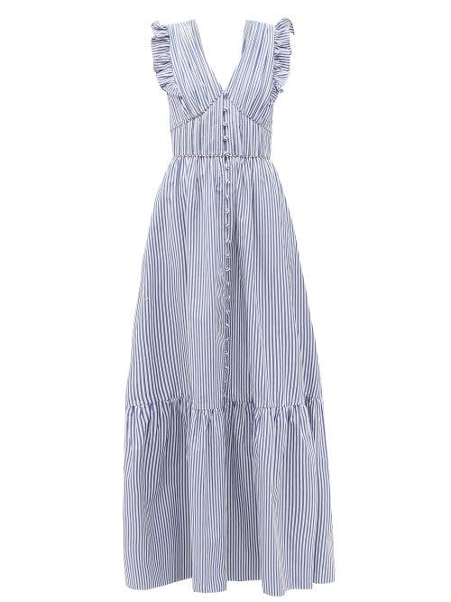 Matchesfashion.com Self-portrait - Ruffled V-neck Striped Cotton-poplin Maxi Dress - Womens - Blue White