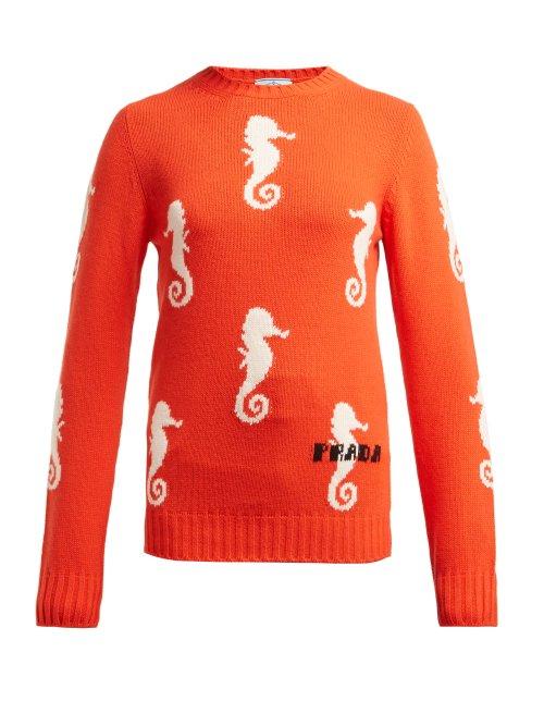 Matchesfashion.com Prada - Seahorse Intarsia Wool Blend Sweater - Womens - Orange Multi