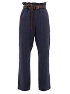 Matchesfashion.com Sea - Scott Belted Paperbag Stretch-cotton Trousers - Womens - Navy
