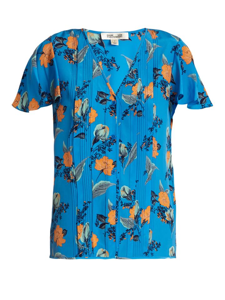 Diane Von Furstenberg Silese Floral-print Pleated Silk Top