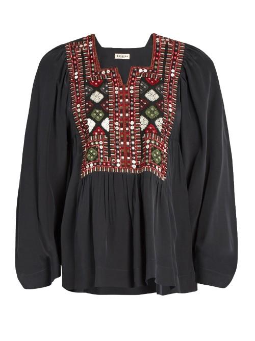 Masscob Herb Embroidered Silk-crepe Top