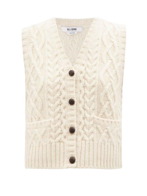 Re/done - 50s Cable-knit Wool Sleeveless Cardigan - Womens - Ivory