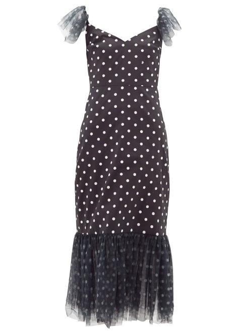 Matchesfashion.com Staud - Tulle-trim Polka-dot Cotton-blend Midi Dress - Womens - Black White