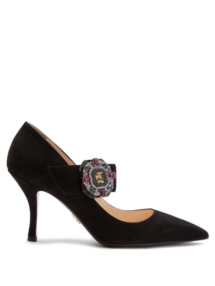 Prada Crystal-buckle Suede Mary-jane Pumps