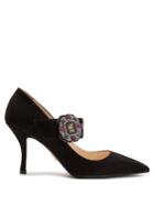 Prada Crystal-buckle Suede Mary-jane Pumps