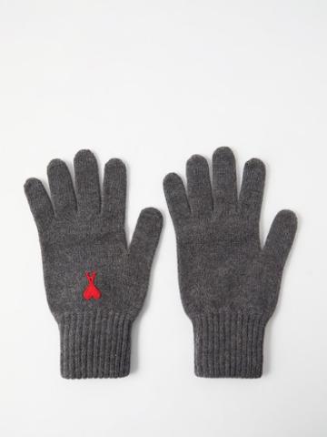 Ami - Ami De Caur-logo Wool Gloves - Mens - Grey Red