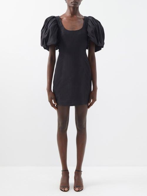 Frame - Puff-sleeve Scoop-neck Slubbed-poplin Mini Dress - Womens - Black