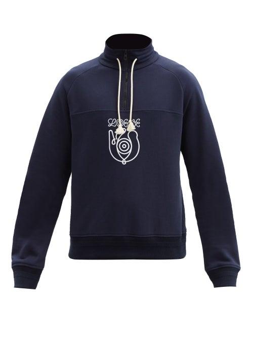Loewe - Logo-embroidered Half-zip Cotton-blend Sweatshirt - Mens - Dark Blue