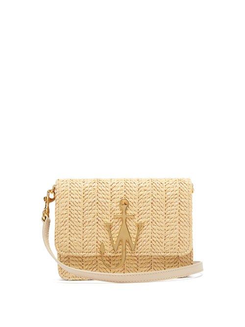 Matchesfashion.com Jw Anderson - Logo Plaque Raffia And Leather Cross Body Bag - Womens - Beige