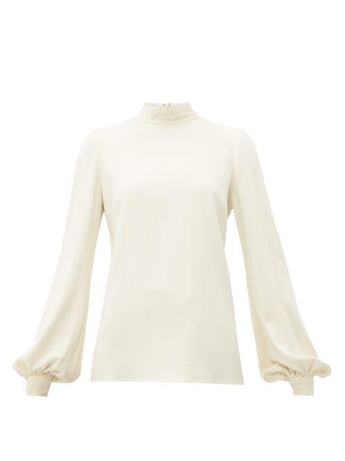 Matchesfashion.com Giambattista Valli - Bishop Sleeve High Neck Crepe Blouse - Womens - Ivory