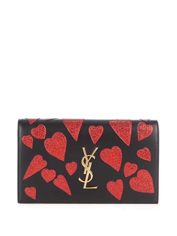 Saint Laurent Kate Glitter-hearts Leather Clutch