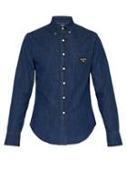 Matchesfashion.com Prada - Triangle Plaque Cotton Chambray Shirt - Mens - Blue