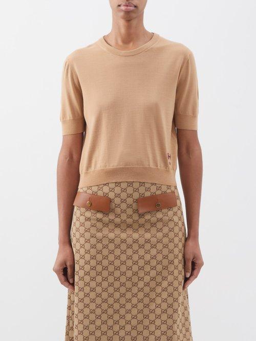 Gucci - Horsbit-embroidered Short-sleeve Wool Sweater - Womens - Camel